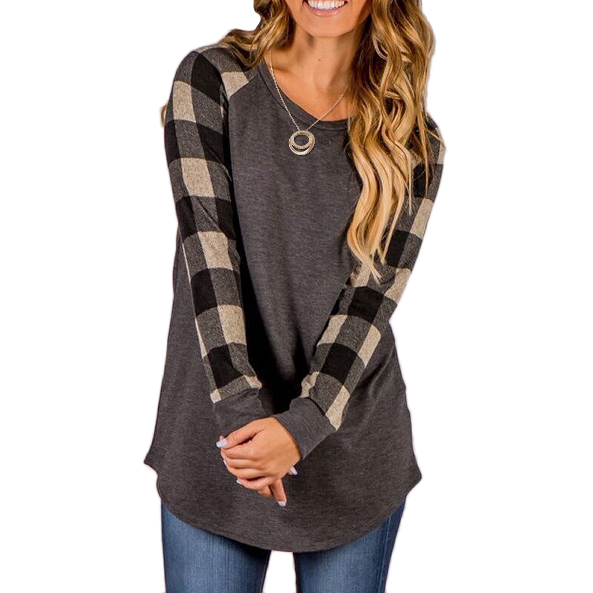 Plaid Check T Shirt Women Pullover O Neck Plaid Long Sleeve Sweatshirt Trendy Ladies Tunic Tops Loose Casual Shirt Blouse Walmart Canada