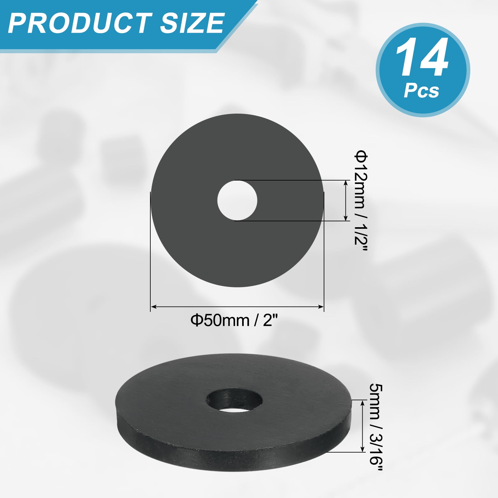 14 Pcs Multi Purpose Rubber Spacer, 12mm ODx50mm IDx5 mm Thickness Anti-Vibration Isolation for Home Cars(Black)
