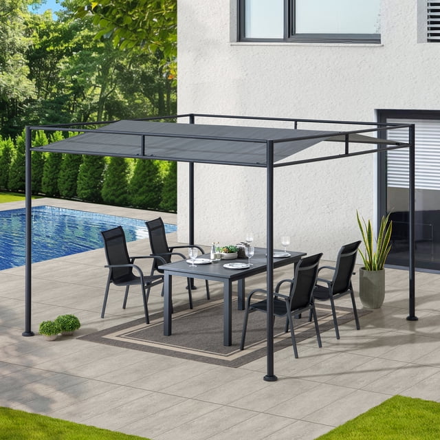 Dark gray 10x10 ft. Darkeford pergola with fabric canopy shading an outdoor dining table and chairs on patio next to pool.
