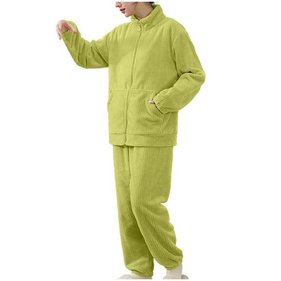 Lovskoo Fuzzy Fleece Lounge Sets for Women Warm Plush Thickened Pajama Set Zipper Pocket Home Suit Set Green