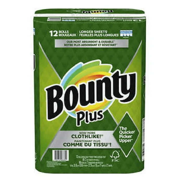 Bounty Plus Select-A-Size White Long Cloth Like 12 Paper Towel Rolls of 2-Ply 86 Sheets Each