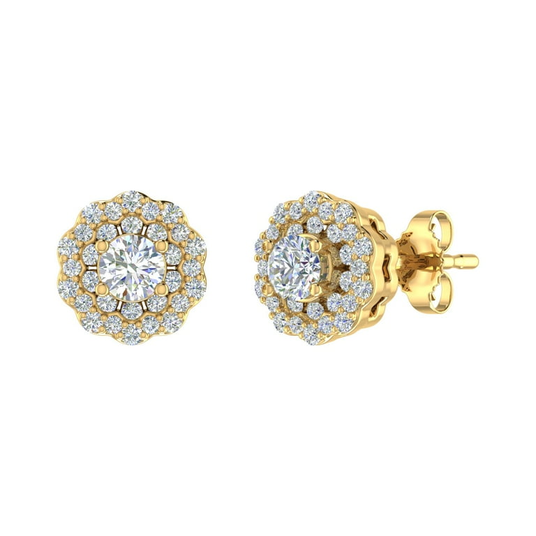 1/2 Carat Diamond Halo Stud Earrings in 10K Yellow Gold - IGI Certified