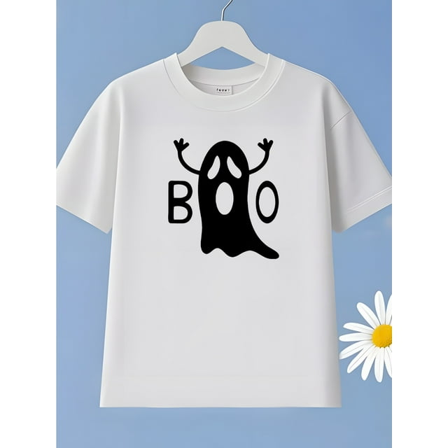 Halloween T-shirt - Boys' Halloween "BOO" Graphic T-Shirt - Soft, Breathable Short Sleeve Round Neck Tee with Playful Ghost Design, Machine Washable, Perfect for Summer & Casual Wear