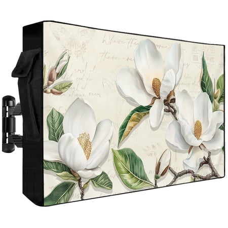 Magnolia Flower Outdoor TV Cover 60 to 65 inch Green Leaf Pastoral Retro Background Waterproof Dustproof TV Covers for Outside with Zipper Remote Control Pocket Flat Screen Protectors