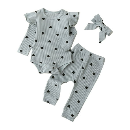 

Binmer Toddler Baby Girls Heart Print Pattern Long Sleeve Clothes Romper Three-Piece