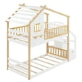 thumbnail image 3 of Stairway Bunk Bed Twin over Twin, 2-in-1 House-shaped Bed Frame with Roof and Storage Staircase, Modern Loft Bed with Safety Guardrails for Kids Boys Girls Bedroom, Natural, 3 of 7