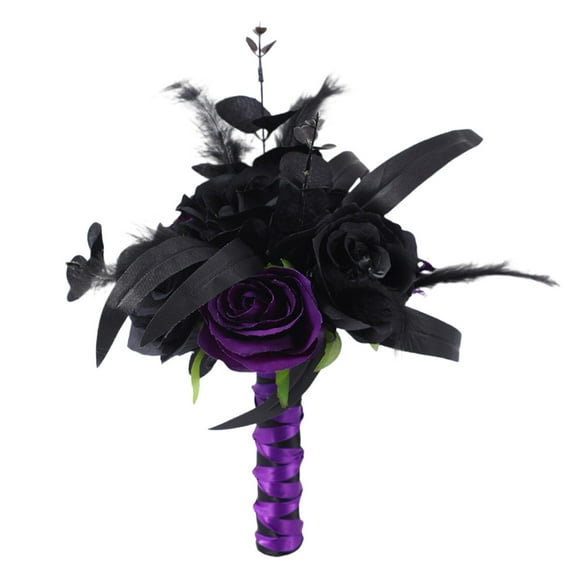 DAMAI Gothic Wedding Bride Bouquet,Artificial Black Rose Flowers Bouquet,Halloween Bouquet Dark Gothic Skull Flower Bouquet for Bridal Bridesmaid Wedding Engagement