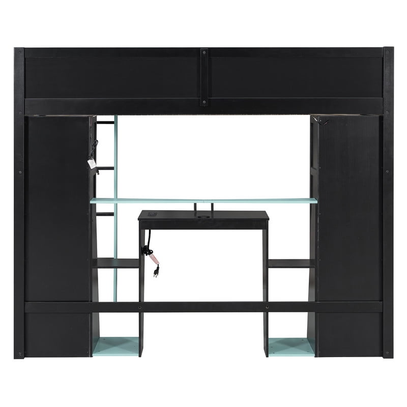 Full Size Wooden Gaming Loft Bed with Desk, RGB LED Lights, USB Charging Station, Wardrobe and Storage Cabinets, Space-Saving Loft Bed Frame with Workstation for Bedroom