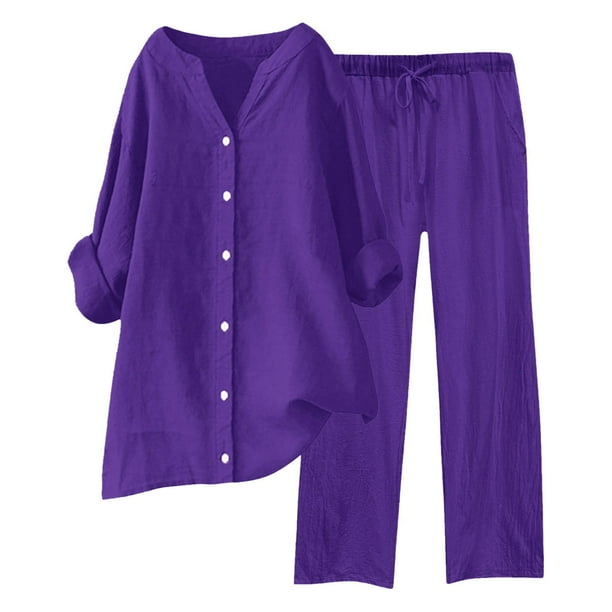 Conjunto de 2 piezas para mujer: pantalones anchos con cintura elástica y blusa de manga larga - Ropa informal para todas las estaciones - Poliéster, tallas S-XL