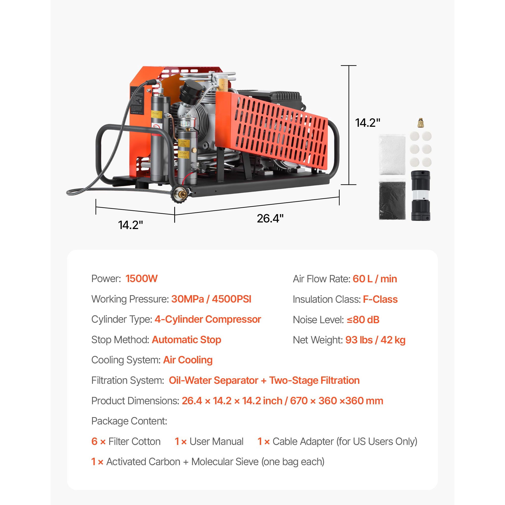 KFFKFF High-Pressure Air Compressor, 4500PSI/30Mpa Diving Tank Compressor, 60 L/min Four-Cylinder Auto Stop Pump with Fan Cooling System for Scuba Tanks, Paintball, and Emergency Applications