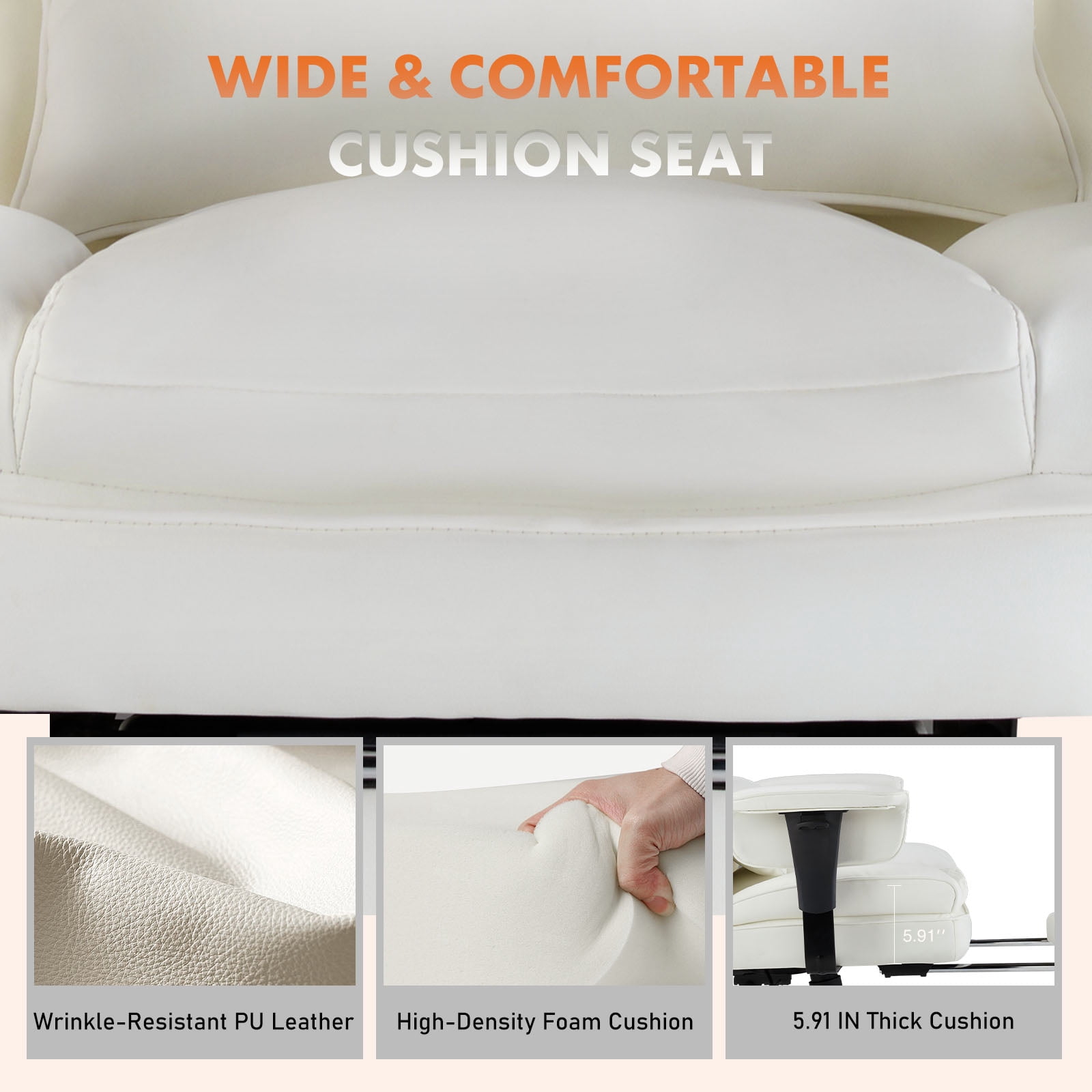 GIANNA Executive Home Office Desk Chair Ergonomic Big Tall High Back with Footrest & Lumbar Support, Reclining Height Adjustable Comfy PU Leather Computer Gaming with Swivel Wheels, White