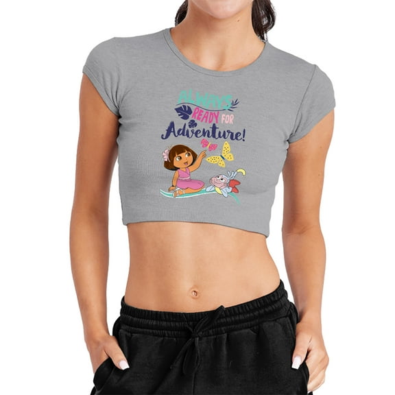 Popfunk Dora The Explorer Always Ready For Adventure Women's Cap Sleeve Baby Rib Crop Top, Athletic Heather, Small