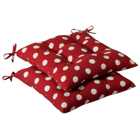 Pack of 2 Outdoor Patio Tufted Chair Seat Cushions - Red & White Polka Dot