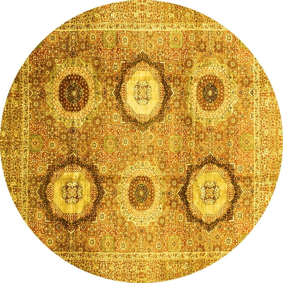 Ahgly Company Machine Washable Indoor Round Abstract Yellow Modern Area Rugs, 4' Round