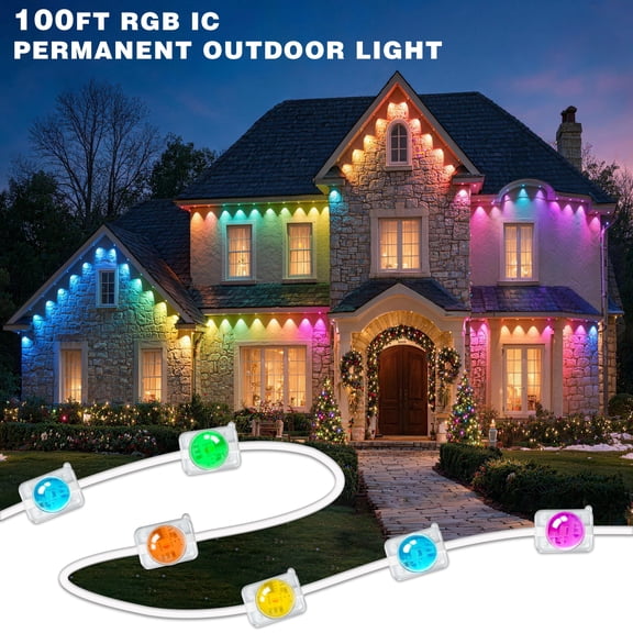 100ft Permanent Outdoor Lights, Outdoor Christmas Lights, Smart RGB IC, App Control , LED Eaves Lights IP67 Waterproof, House Roof Outdoor Lighting for Party, Daily, Halloween, Garden Patio