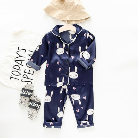 

DAETIROS Prevalent Toddler Kids Baby Boy Girl Satin Cartoon Button-Down Pants Pajamas Sleepwear Set Navy