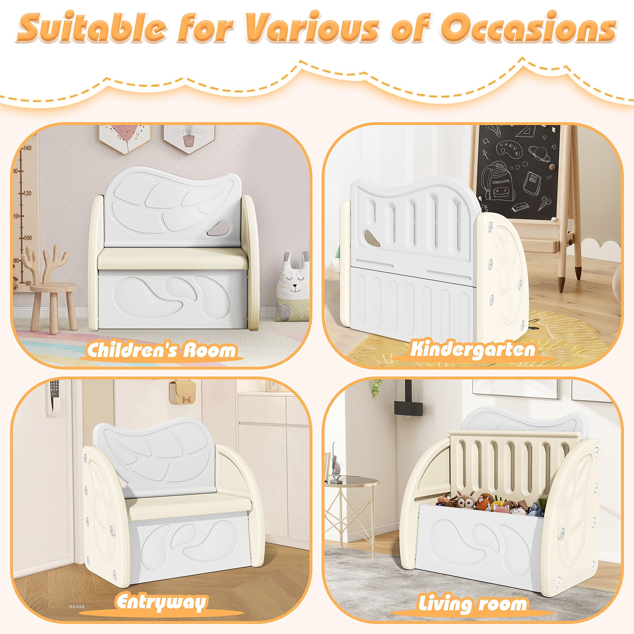 PAPROOS Kids Toy Box, Cute Toy Chest Organizer with Seating Bench and Sliding Door, Toy Storage Chest for Girls Boys, Modern Toy Storage Cabinet for Playroom, Living Room, Bedroom, Beige+Light Gray