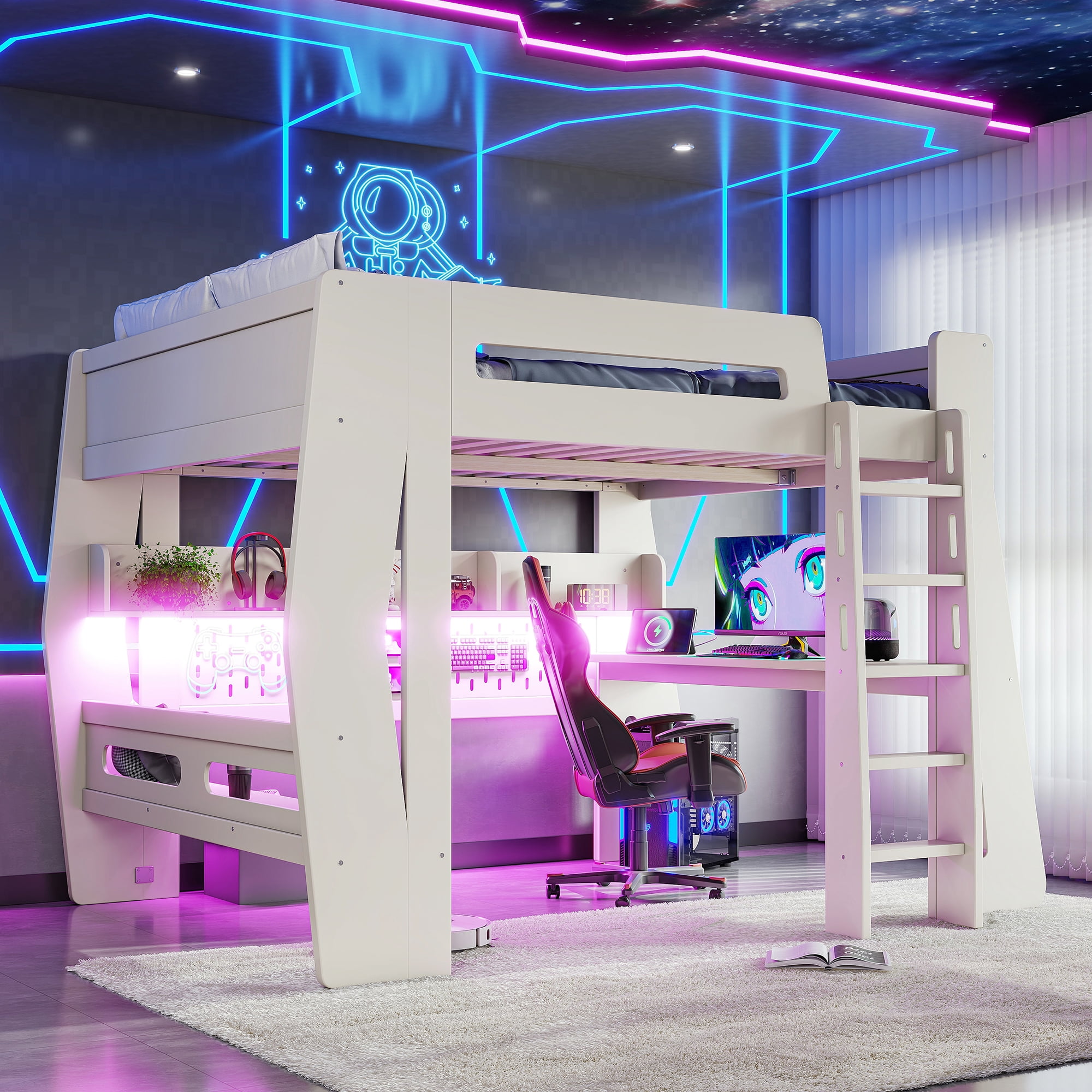Mintazer Full Size Gaming Loft Bed with Desk & LED Ambient Light, Esports Loft Bed with Storage Shelves & Power Outlet for Teens Bedroom, Beige