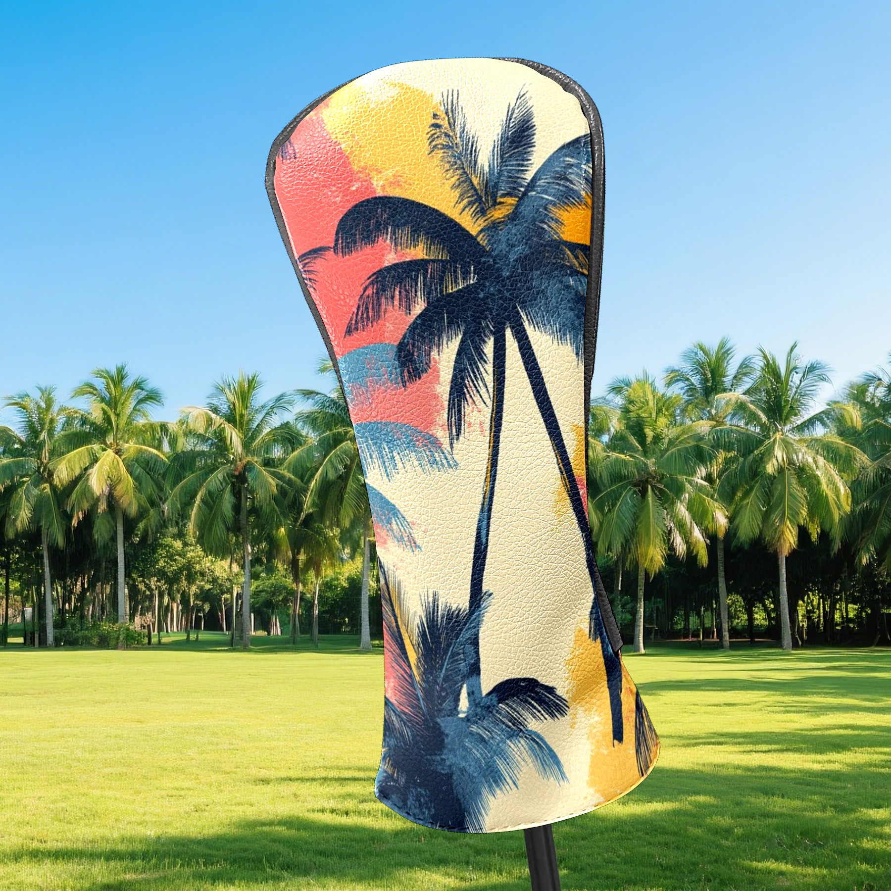 Golf Club Head Covers - Coconut Tree Pattern Design, Premium PU Leather Driver/Hybrid Cover with Velvet Lining, Waterproof | Unisex Golf Gift