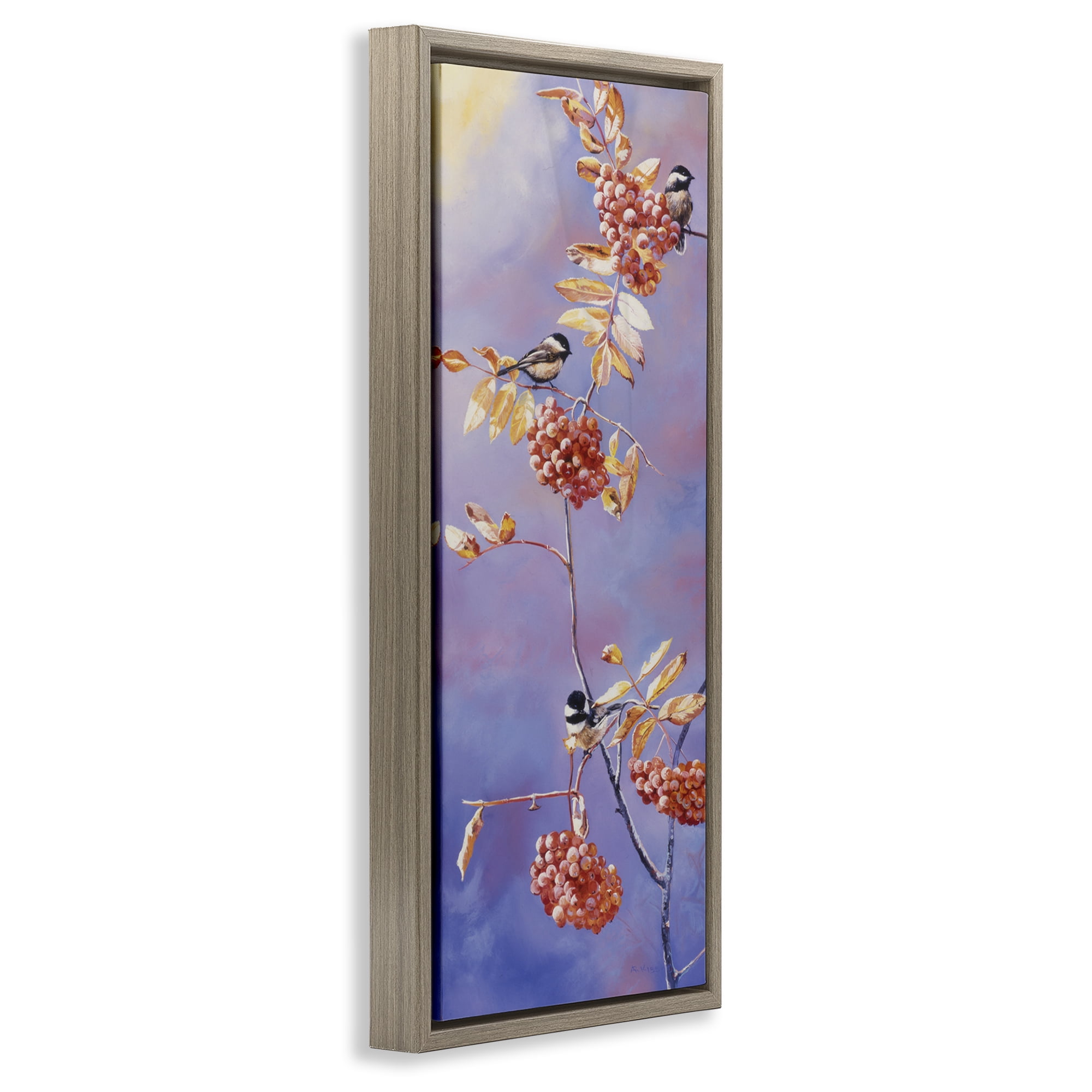 Stupell Industries Chickadees & Mountain Ash Plants & Flowers Painting Brown Floater Framed Canvas Art Print Wall Art, 14 x 31