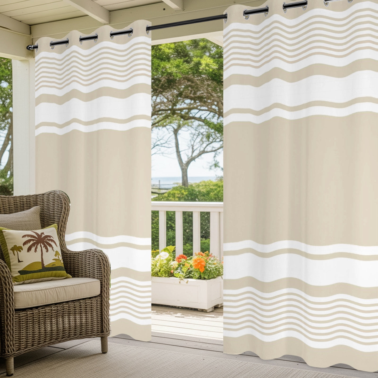 Farmhouse Beige Striped Outdoor Curtains for Patio, Modern Minimalist Stripes Abstract Sunshade Privacy Drapes Grommet Waterproof Outside Curtains for Porch/Cabana/Balcony 54"x 108", 1 Panel