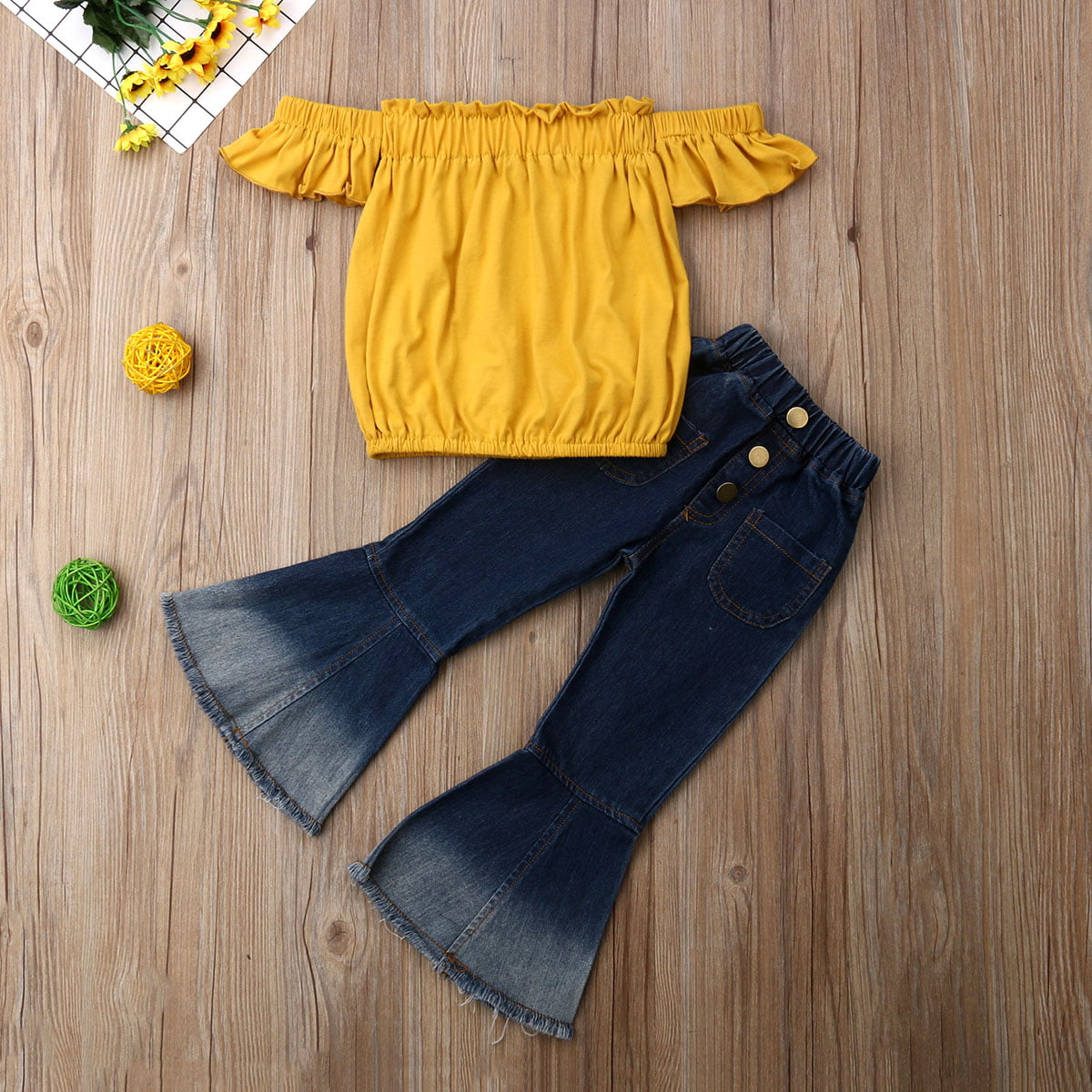 Toddler Baby Girl Clothes Off Shoulder Tube Top Shirt Bell Bottom Jeans  Pants Summer Outfits 3T Yellow 