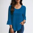 thumbnail image 5 of Mceream Womens Bell Sleeve Tops and Blouses 3/4 Sleeve Cotton Linen Ruffle Crewneck Shirts Fashion Casual Loose Fit Tunic Blouses Plus Size Outfits Clothes Blue S, 5 of 9