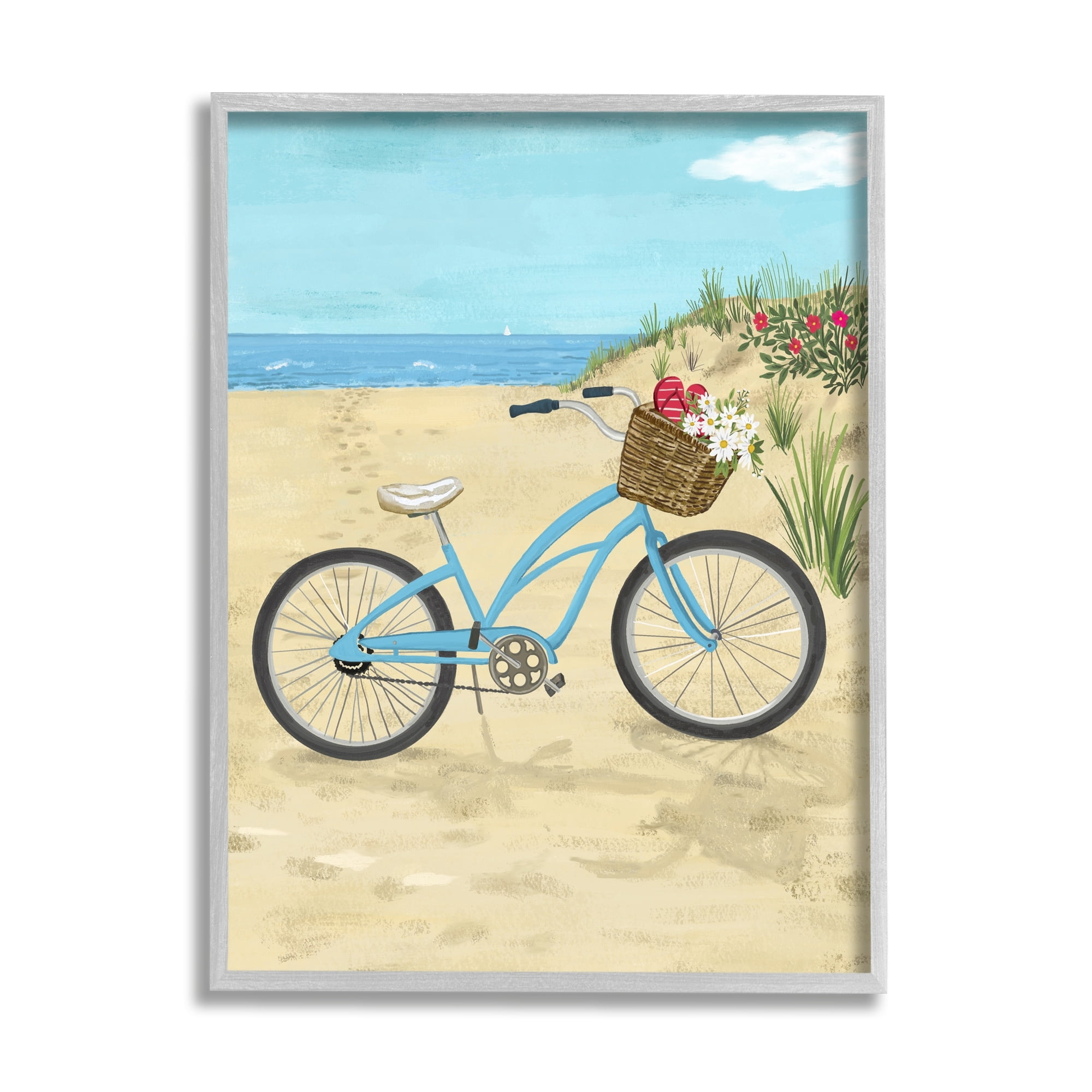Stupell Industries Blue Bicycle Flower Blossom Basket Beach Sand Painting Gray Framed Art Print Wall Art, Design by Sharon Lee