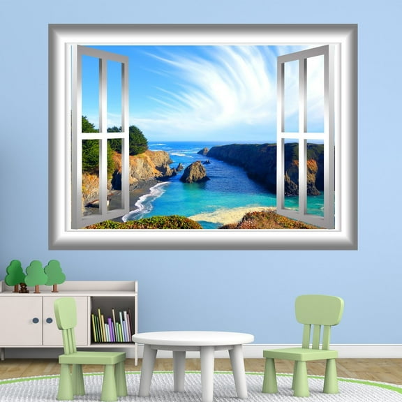 VWAQ Window Ocean Decal Beach Bedroom Sticker Peel and Stick Mural - NW15 (18"H X 22"W)