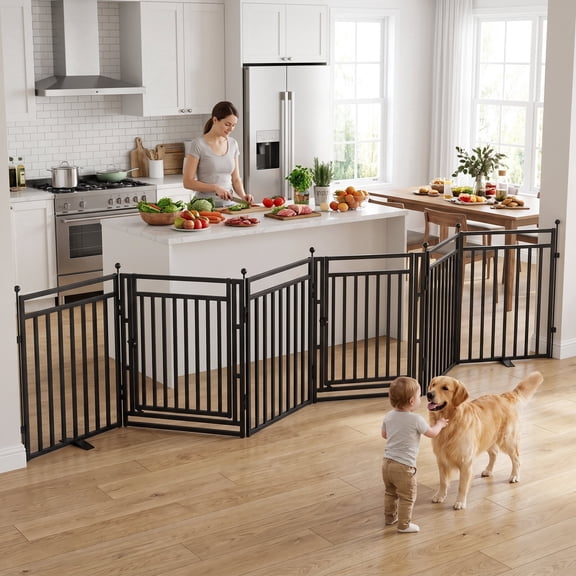 Solidee 32"x144" Freestanding Dog Gates, Foldable Dog Fence Indoor with Door for Doorways Extra Tall & Wide,Snowblack