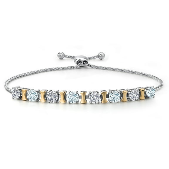 Gem Stone King 925 Silver and 10K Yellow Gold Lab Grown Diamond and Sky Blue Aquamarine Bracelet for Women | 2.08 Cttw | Gemstone April Birthstone | Round 4MM | Adjustable up to 9 inch