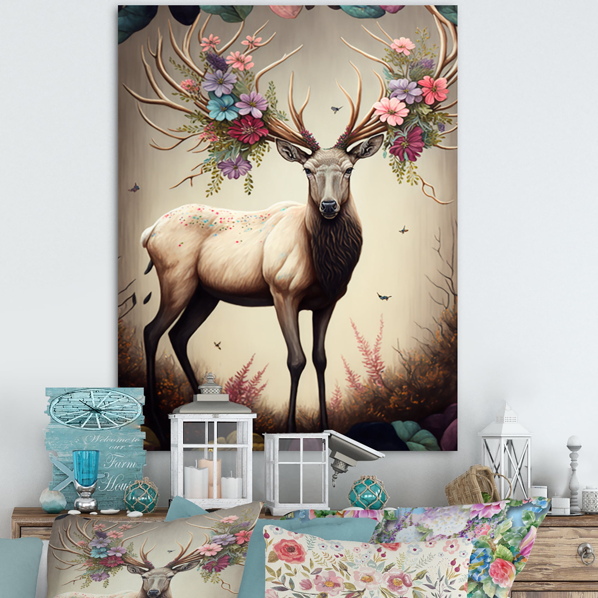 Designart Caribou With Blooming Antlers Canvas Wall Art