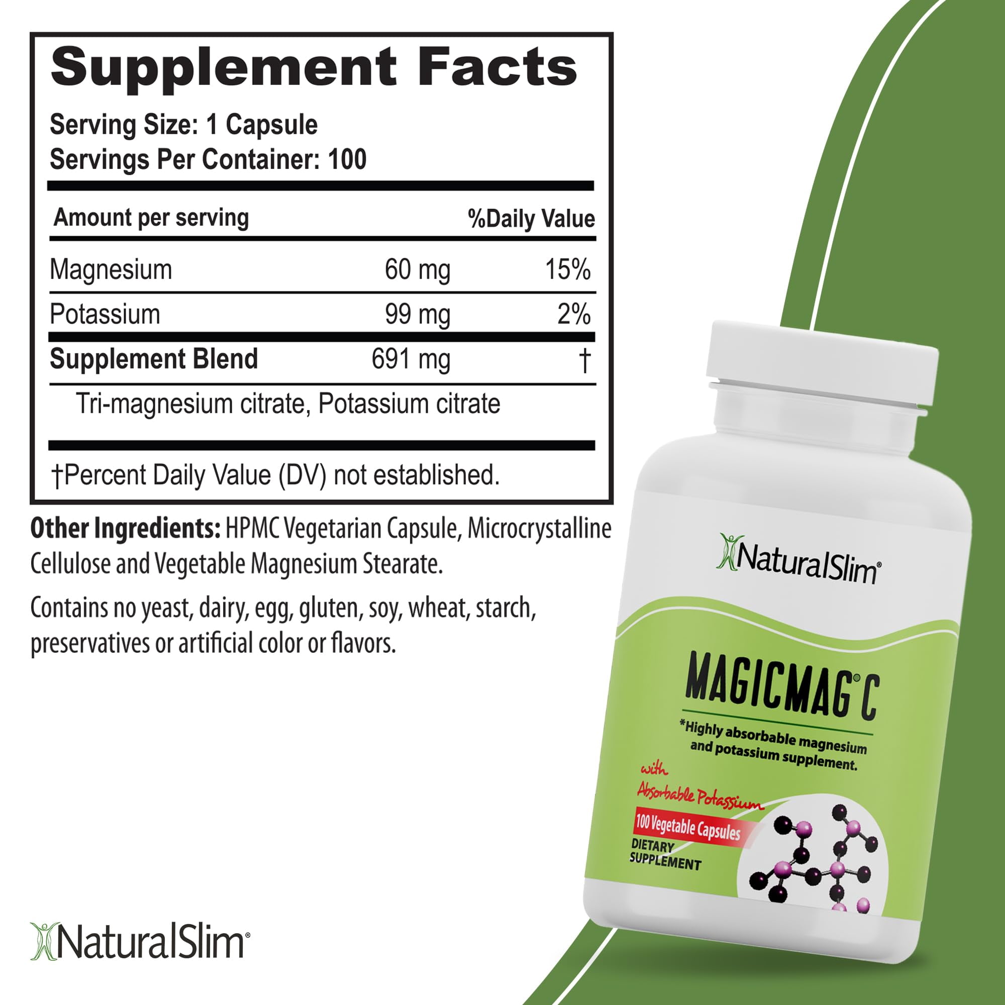 NaturalSlim MagicMagC - Anti Stress Magnesium Citrate Capsules w/ Potassium, 100 Ct