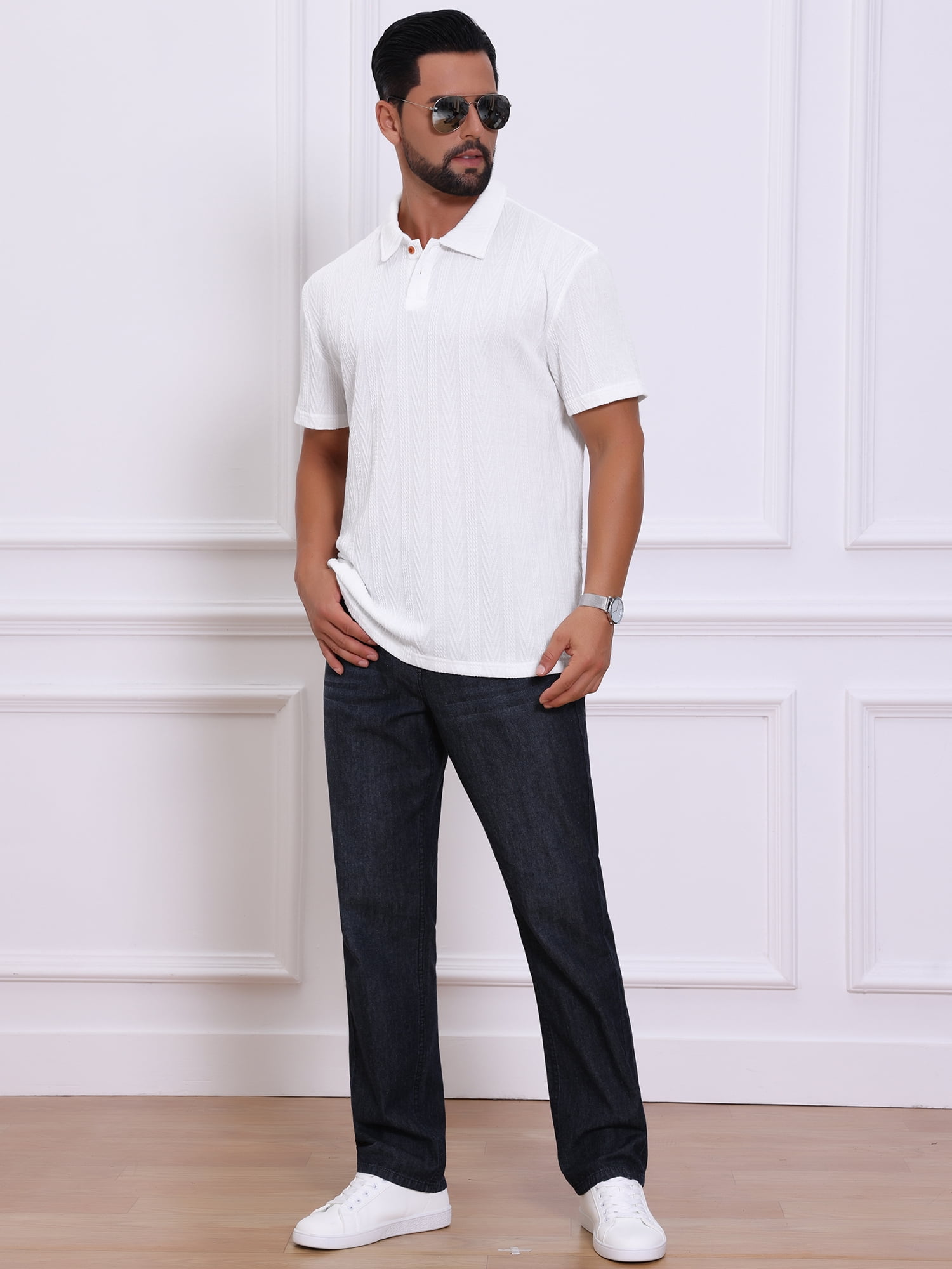 DARING DIVA Men's Jacquard Short Sleeve Button Down Collared Polo Shirts L White