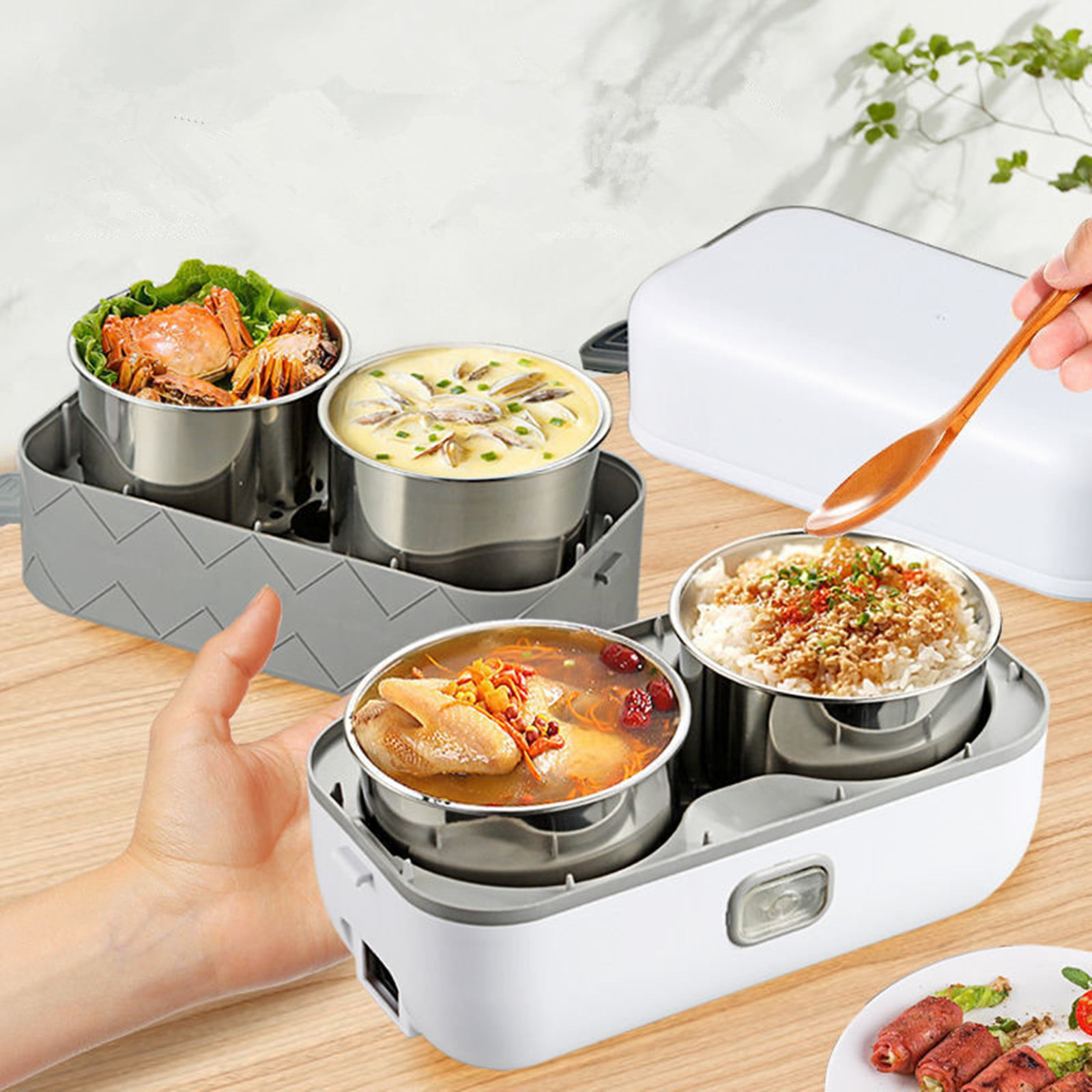 Amazon.com: Fast Heating Electric Lunch Box,3 in 1 Portable 60W No-Leak Food  Warmer,1.5L Removable 304 Stainless Steel Container with 0.5L PP  Compartment Fork Spoon&Carry Bag,Gifts for Adults at Work Car Truck: Home