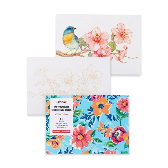 Libro para colorear con acuarela Grabie, tamaño A5, 21 x 15 cm, 15 hojas, estampado floral
