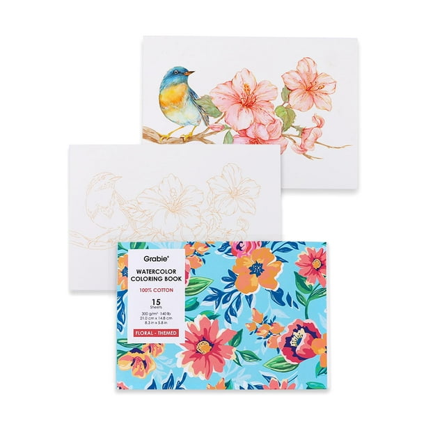 Libro para colorear con acuarela Grabie, tamaño A5, 21 x 15 cm, 15 hojas, estampado floral