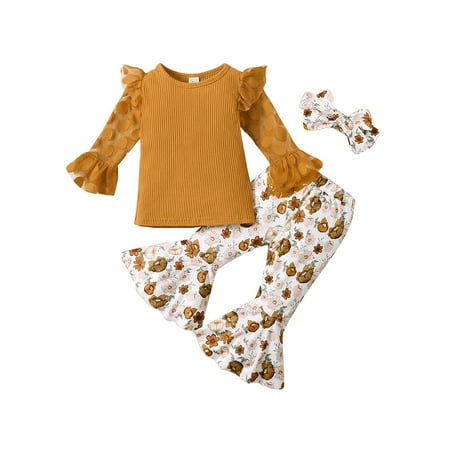 

elfinBE Toddler Baby Girl Flare Sleeve Lace Top Floral Print Pants And Hairband Three-pieces Outfits Set 6-24M 2-3T