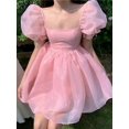 thumbnail image 2 of Mini vestidos de graduación con mangas abullonadas y cuello cuadrado, vestido de fiesta sin espalda con corte en A, color rosa claro, vestidos de baile de cumpleaños para niña encantadora, 2 of 5