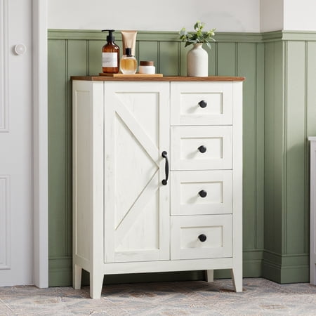 LEDREM Farmhouse Storage Cabinet Freestanding Floor Cabinet with 4 Drawers Barn Door Adjustable Shelf for Bathroom Kitchen Entryway Rustic White