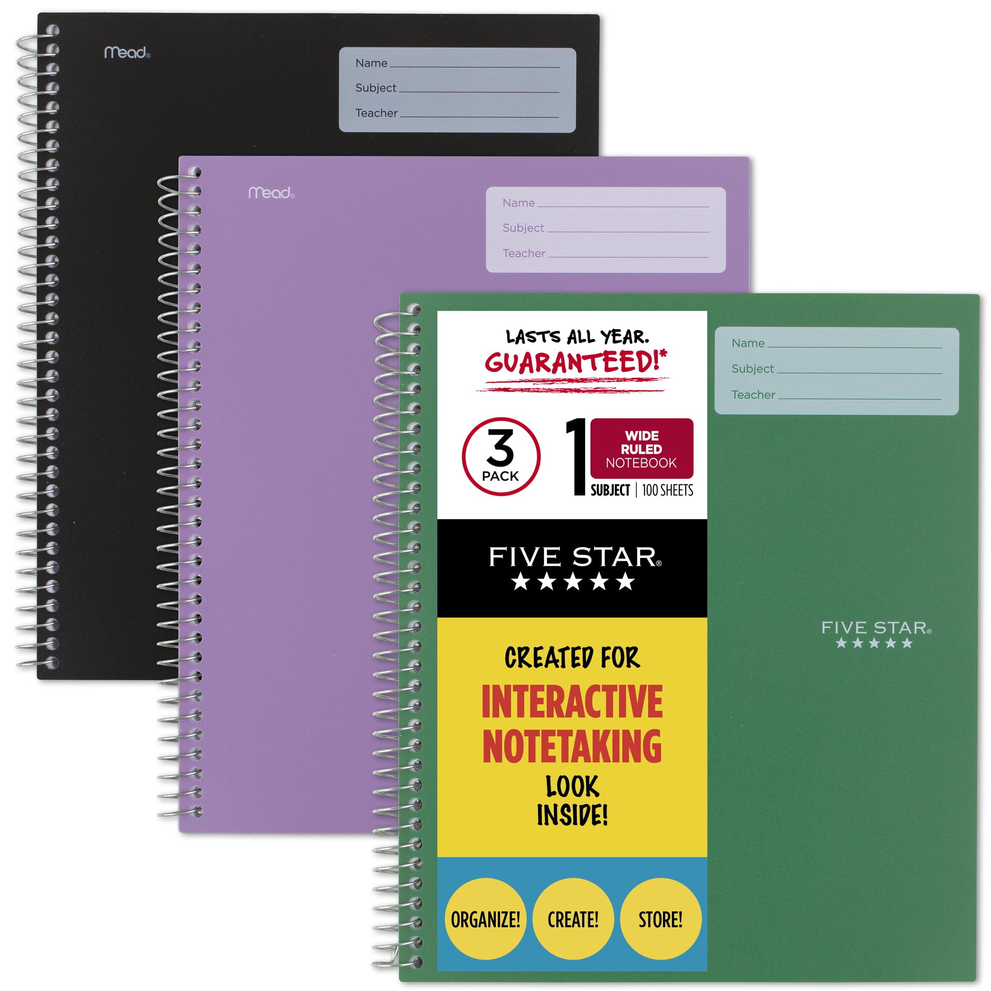Five Star Interactive Notebook 1 Subject Wide Ruled 3 Pack BlackPurpleGreen