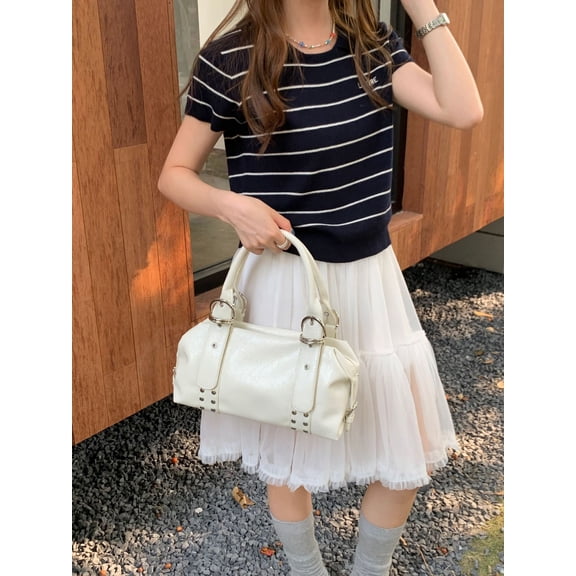 Women Rivet Bowling Bag, Luxury Soft PU Leather Shoulder Handbag, Y2K Trendy Motorcycle Bag for Ladies 2026