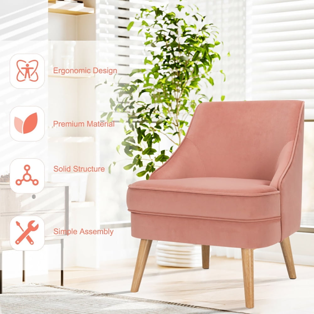 Finihen Velvet Accent Chair, Mid Century Velvet Accent Chair with Rubber Wood Legs, Thickly Padded, for Living Room, Bedroom, Pink