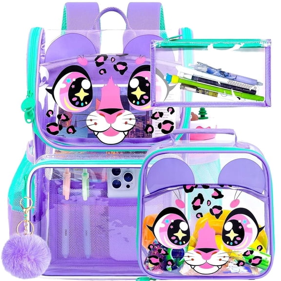 3PCS Girls See Through Backpack for Girls, 15" Clear Bookbag Heavy Duty, Leopard Transparent School Bag for Elementary Preschool