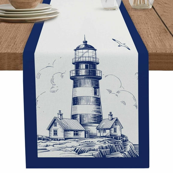 Lighthouse Table Runner 108 Inches Long for Dining Table Decor,Ocean Seagull Vintage Navy Blue Coastal Boat Burlap Linen Farmhouse Table Runner Coffee Table Runners Dresser for Kitchen Party Holiday