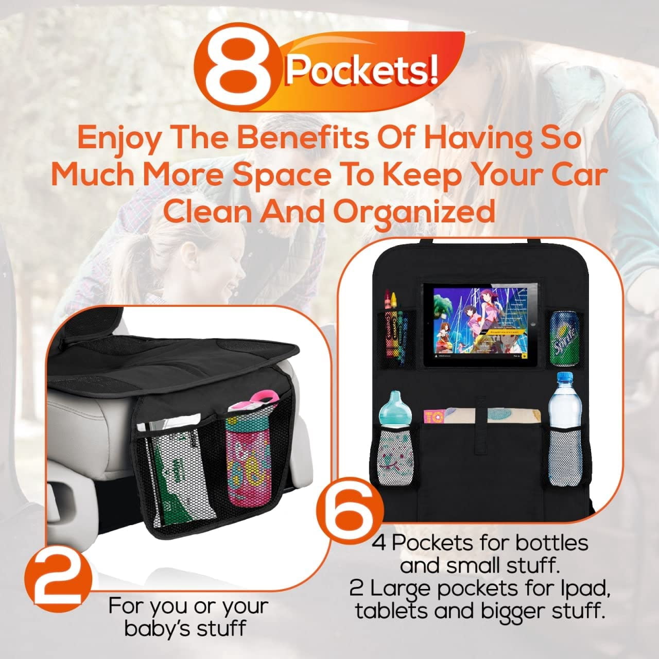 Trobo Car Seat Protector + Backseat Organizer With iPad And Tablet Holder, Waterproof Carseat Cover For Child Car Seat & 5 Pocket Storage Kick Mats Back Seat Protector For Leather Seats, Kids Feet