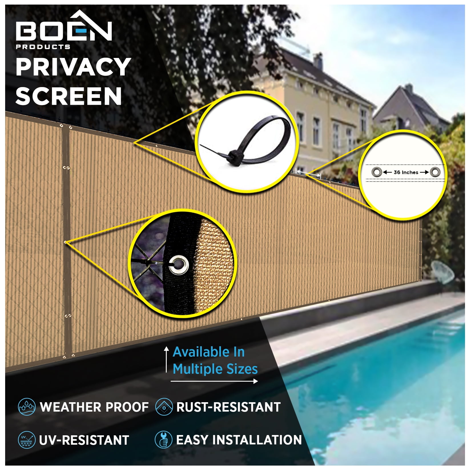 BOEN Privacy Fence Screen Netting, 6 ft x 100 ft, Beige, Reinforced Grommets, Commercial Fence Cover