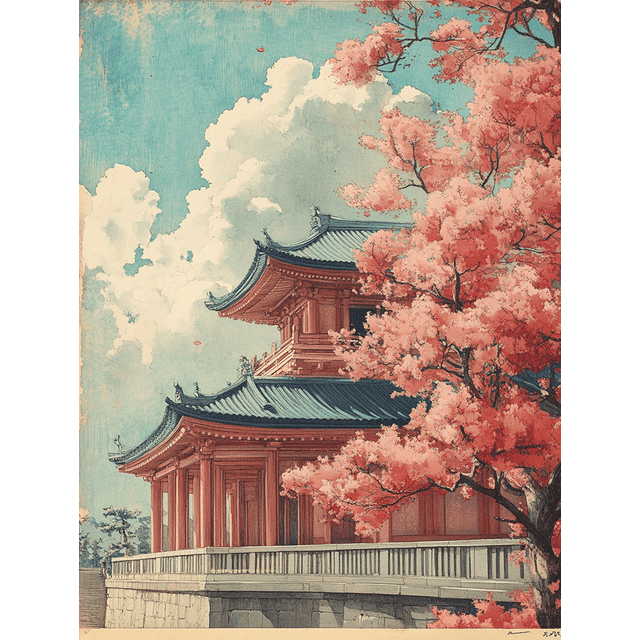 Qisvanset Framed Canvas Wall Art 12x16 Inch Osaka Tennoji Temple Ukiyo-E Japanese Vintage Art