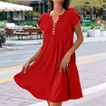 thumbnail image 2 of Vestido de Verano para Mujer, de Corta, con Botones, Cuello en V, Holgado, Informal, Fluido, Plisado, Maxivestido , Rojo, Talla S, 2 of 5
