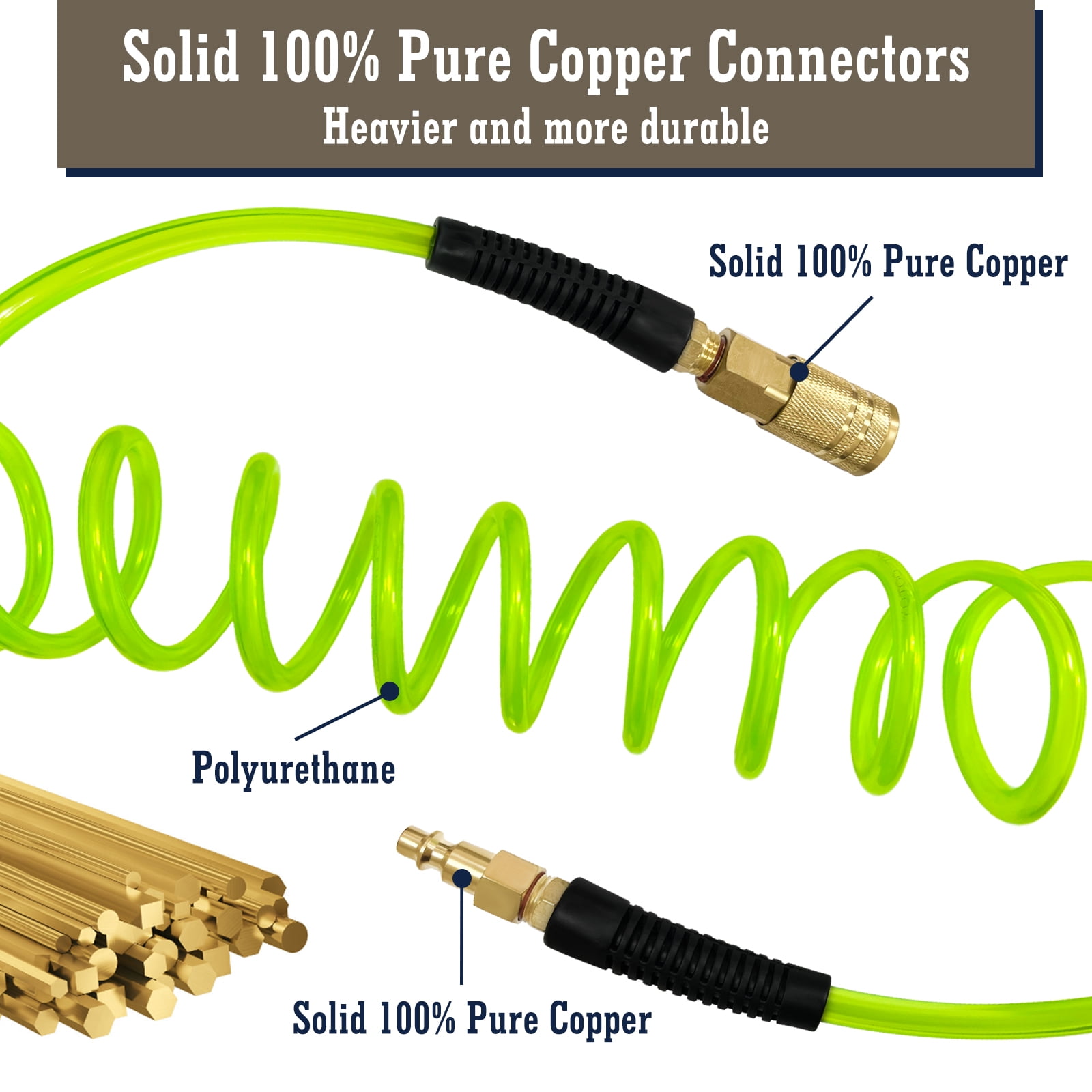 AGALI 1/4 in x 25 ft Air Hose with Bend Restrictor, Air Compressor Hose with 1/4 Solid 100% Pure Copper Quick Connect Fittings and I/M Plug Kit, Coiled PU Air Hoses 1/4", Green